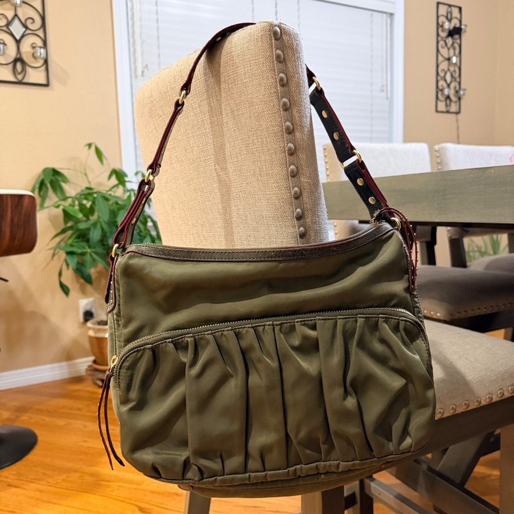 MZ Wallace Paige Olive Green Nylon Shoulder Bag Leather Trim Studded Strap - Picture 4 of 16
